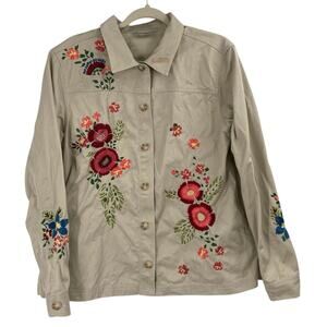 Coldwater Creek Embroidered Khaki Light Jacket Boho Safari Women’s Medium READ